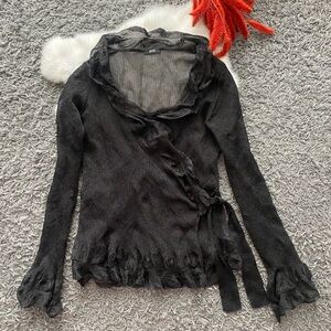 HUGO BOSS Sheer Ruffled Viscose Tie-Front Cardigan